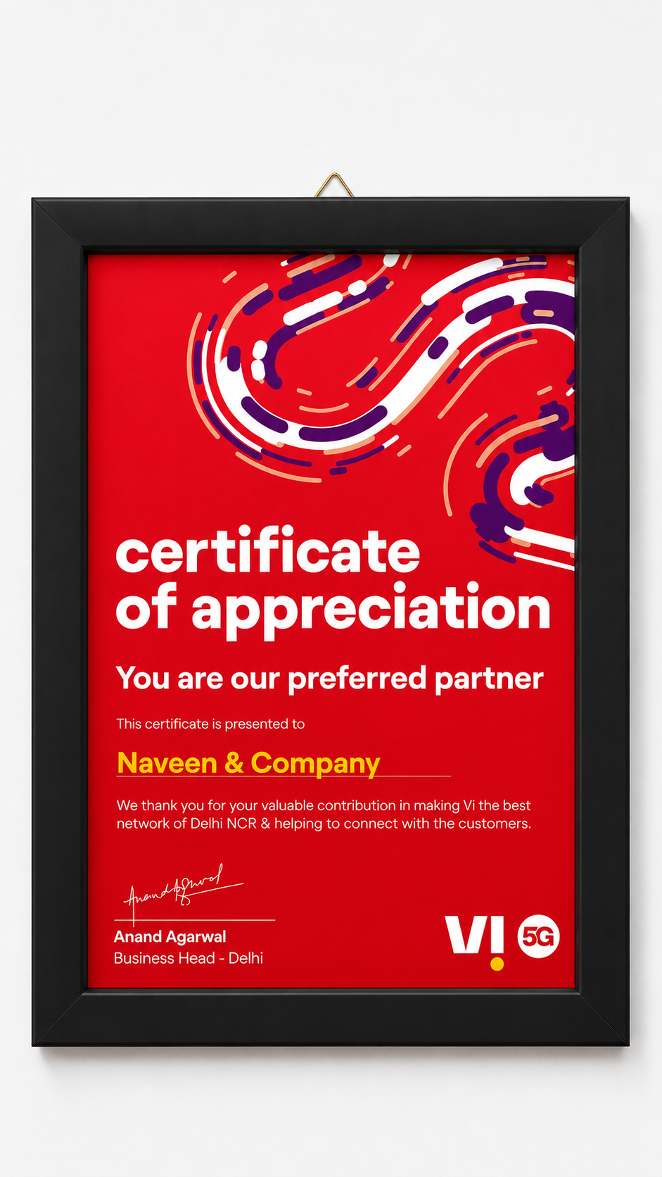 Vi 5G Certificate of Appreciation — Preferred Partner awarded to Naveen & Company, signed by Anand Agarwal, Business Head Delhi